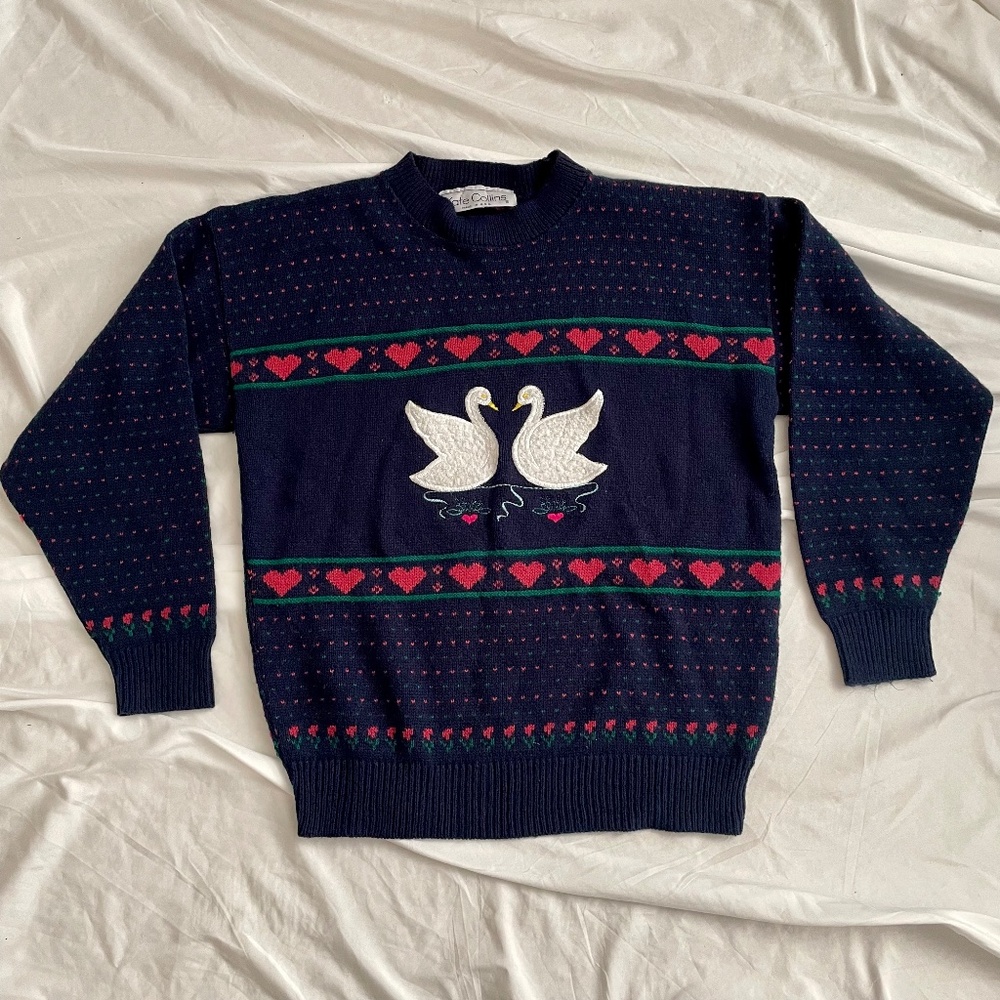 Vintage Grandma Country Swan Sweater Kate Collins Size Small? No Size Tag VTG